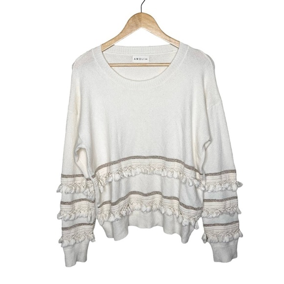 Amoli Knitwear Golden Cream Tassel Fringe Layer Boho Sweater S/M - Picture 2 of 11